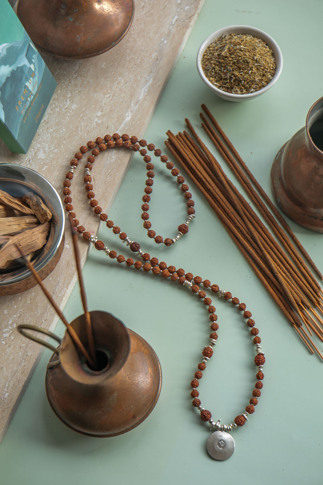 Reserved for Somer ** Sacred Rudraksha + Thai Hill Tribe Silver 108 Mala Necklace with Om Charm and Moonstone Double Bracelet