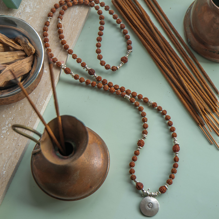 Reserved for Somer ** Sacred Rudraksha + Thai Hill Tribe Silver 108 Mala Necklace with Om Charm and Moonstone Double Bracelet