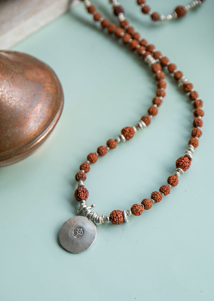 Reserved for Somer ** Sacred Rudraksha + Thai Hill Tribe Silver 108 Mala Necklace with Om Charm and Moonstone Double Bracelet