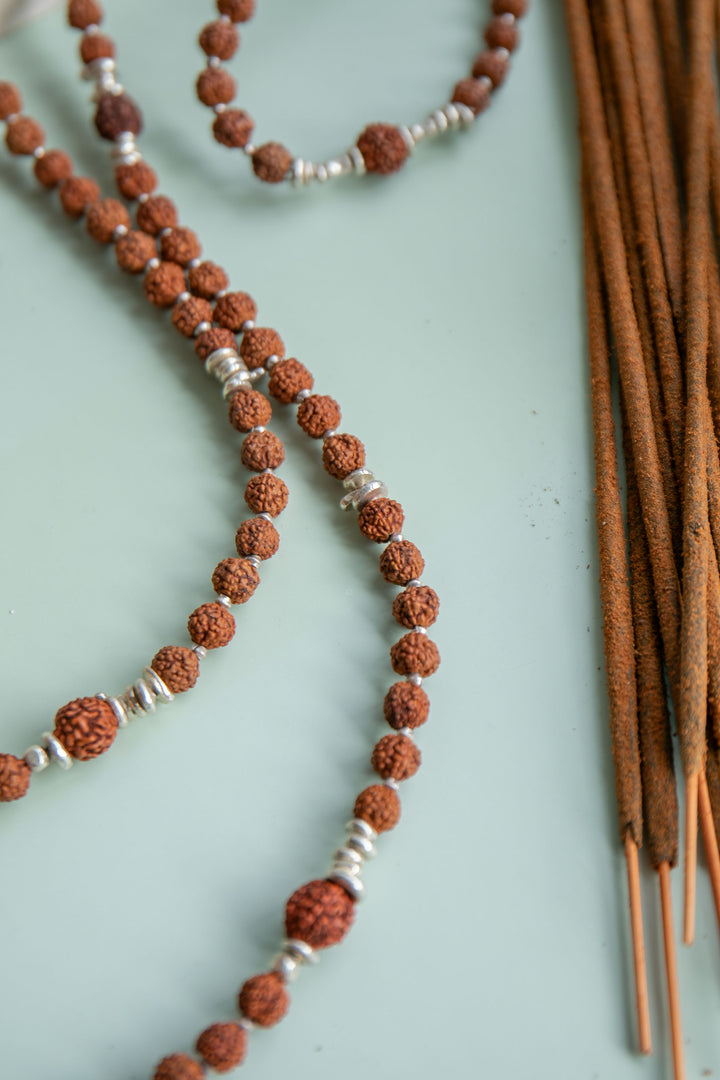 Reserved for Somer ** Sacred Rudraksha + Thai Hill Tribe Silver 108 Mala Necklace with Om Charm and Moonstone Double Bracelet
