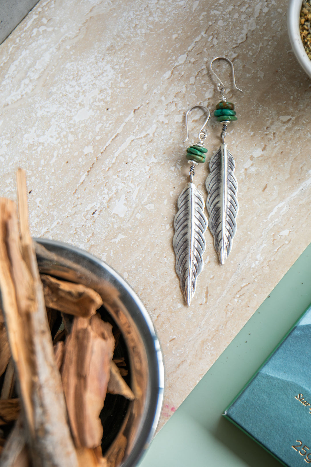 Turquoise Leaf Earrings with Thai Hill Tribe Silver