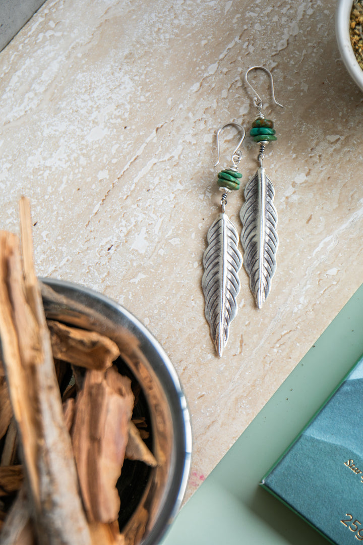 Turquoise Leaf Earrings with Thai Hill Tribe Silver
