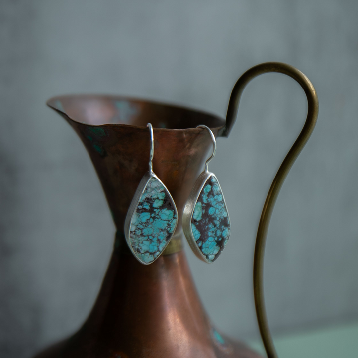 Genuine Turquoise Earrings set in Brushed Sterling Silver