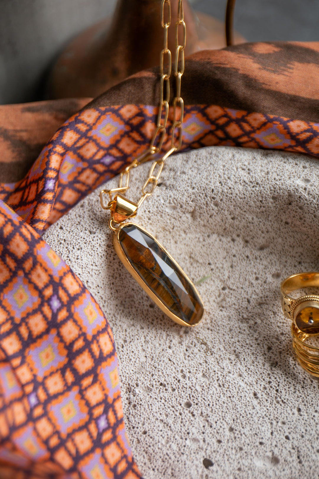 Faceted Tigers Eye Pendant in Brushed Gold Plated Sterling Silver