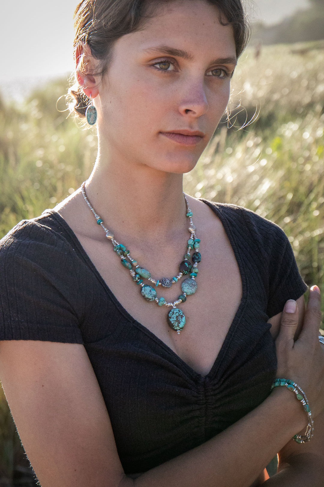Statement Chunky Natural Turquoise Necklace with Thai Hill Tribe and Sterling Silver Beads
