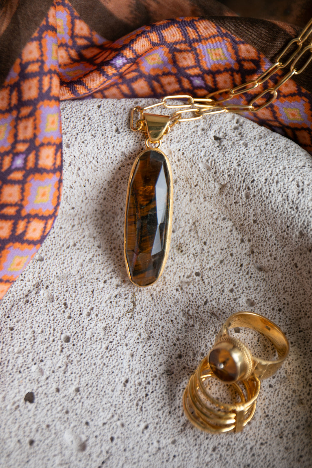 Faceted Tigers Eye Pendant in Brushed Gold Plated Sterling Silver