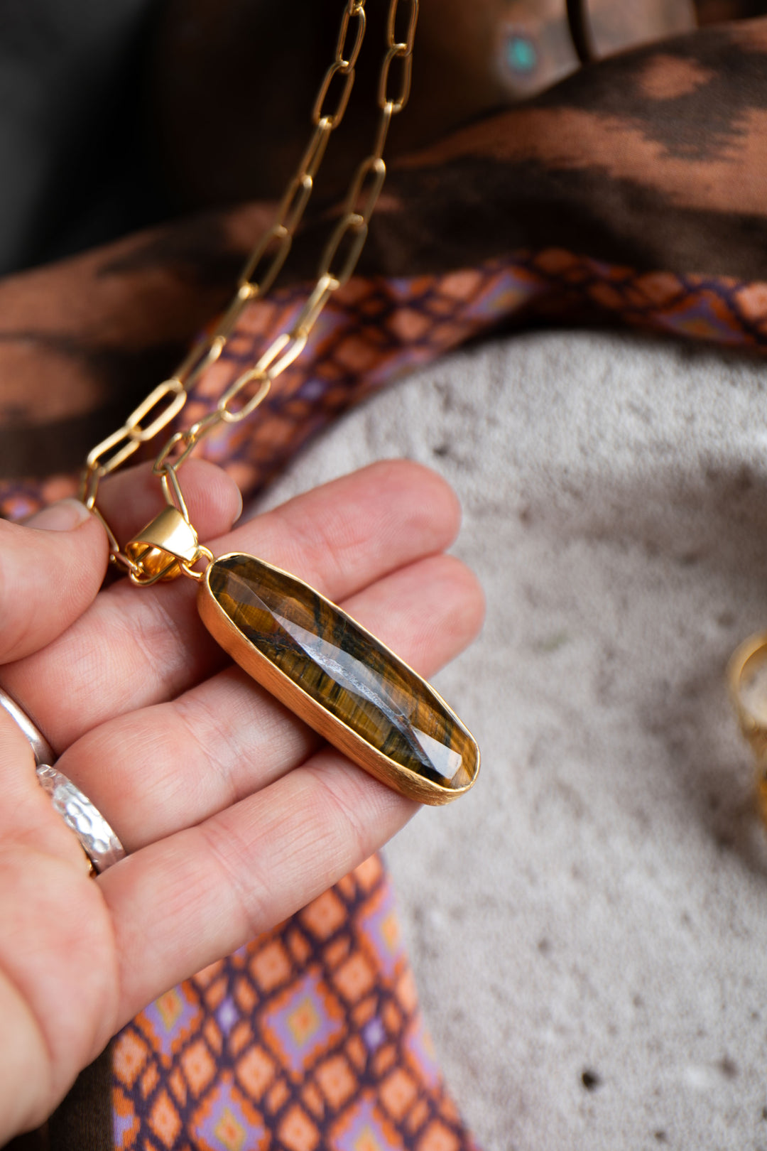Faceted Tigers Eye Pendant in Brushed Gold Plated Sterling Silver