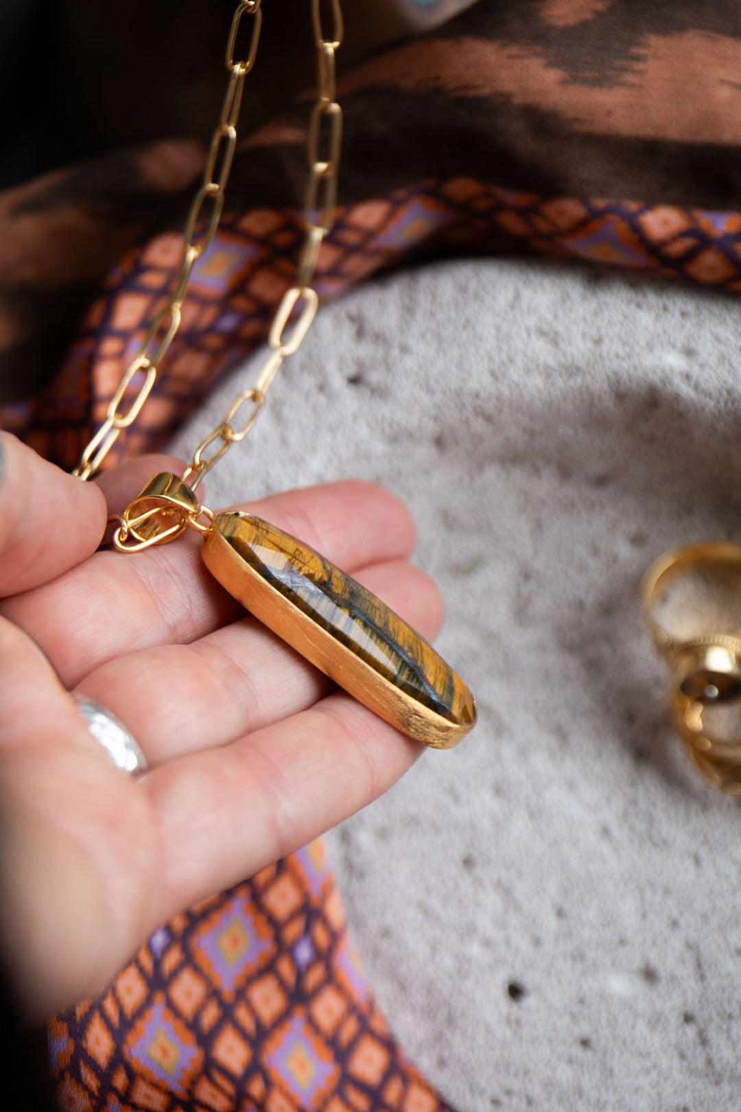 Faceted Tigers Eye Pendant in Brushed Gold Plated Sterling Silver