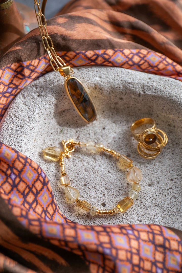 Handmade Beaded Citrine + Golden Rutile Quartz Bracelet with Gold Vermeil Beads