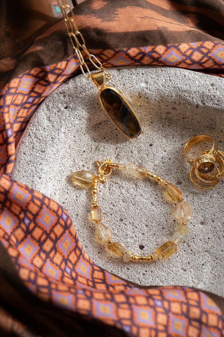 Handmade Beaded Citrine + Golden Rutile Quartz Bracelet with Gold Vermeil Beads