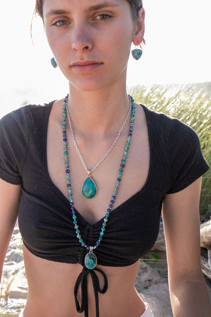 Statement Chrysocolla and Lapis Lazuli Mala Necklace with Thai Hill Tribe Silver and Shattuckite Pendant