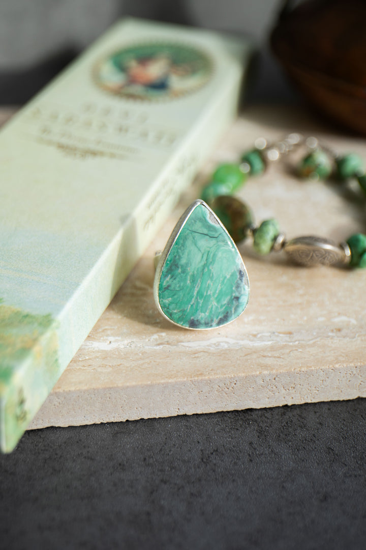 Teardrop Variscite Ring set in Brushed Sterling Silver Adjustable Band