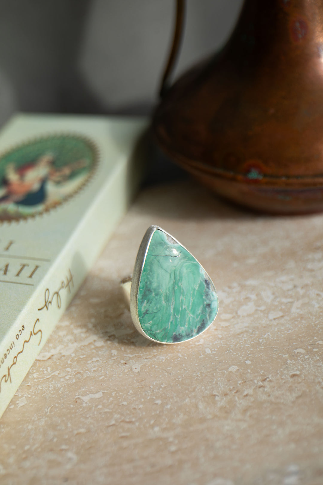 Teardrop Variscite Ring set in Brushed Sterling Silver Adjustable Band