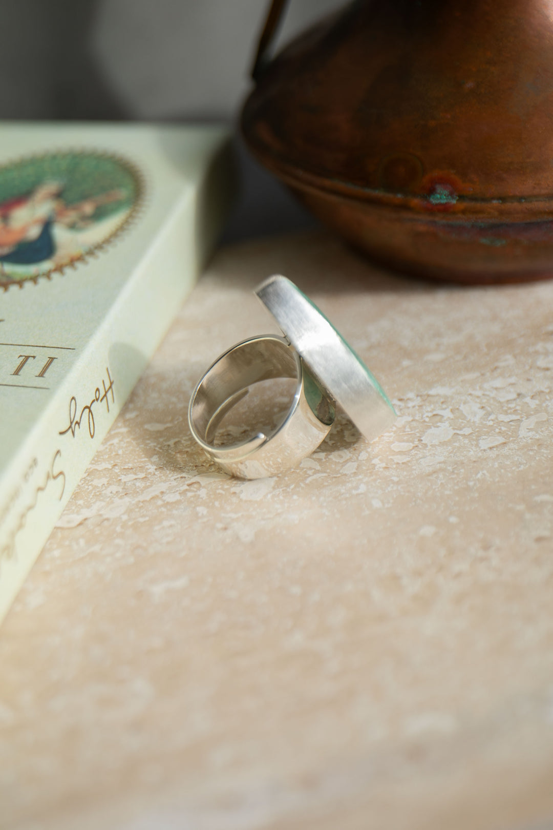 Teardrop Variscite Ring set in Brushed Sterling Silver Adjustable Band