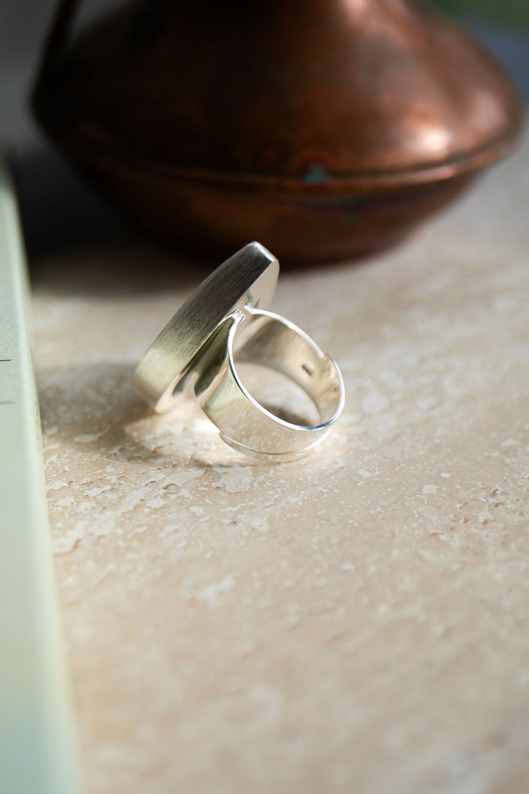 Teardrop Variscite Ring set in Brushed Sterling Silver Adjustable Band