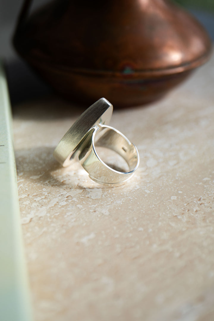 Teardrop Variscite Ring set in Brushed Sterling Silver Adjustable Band