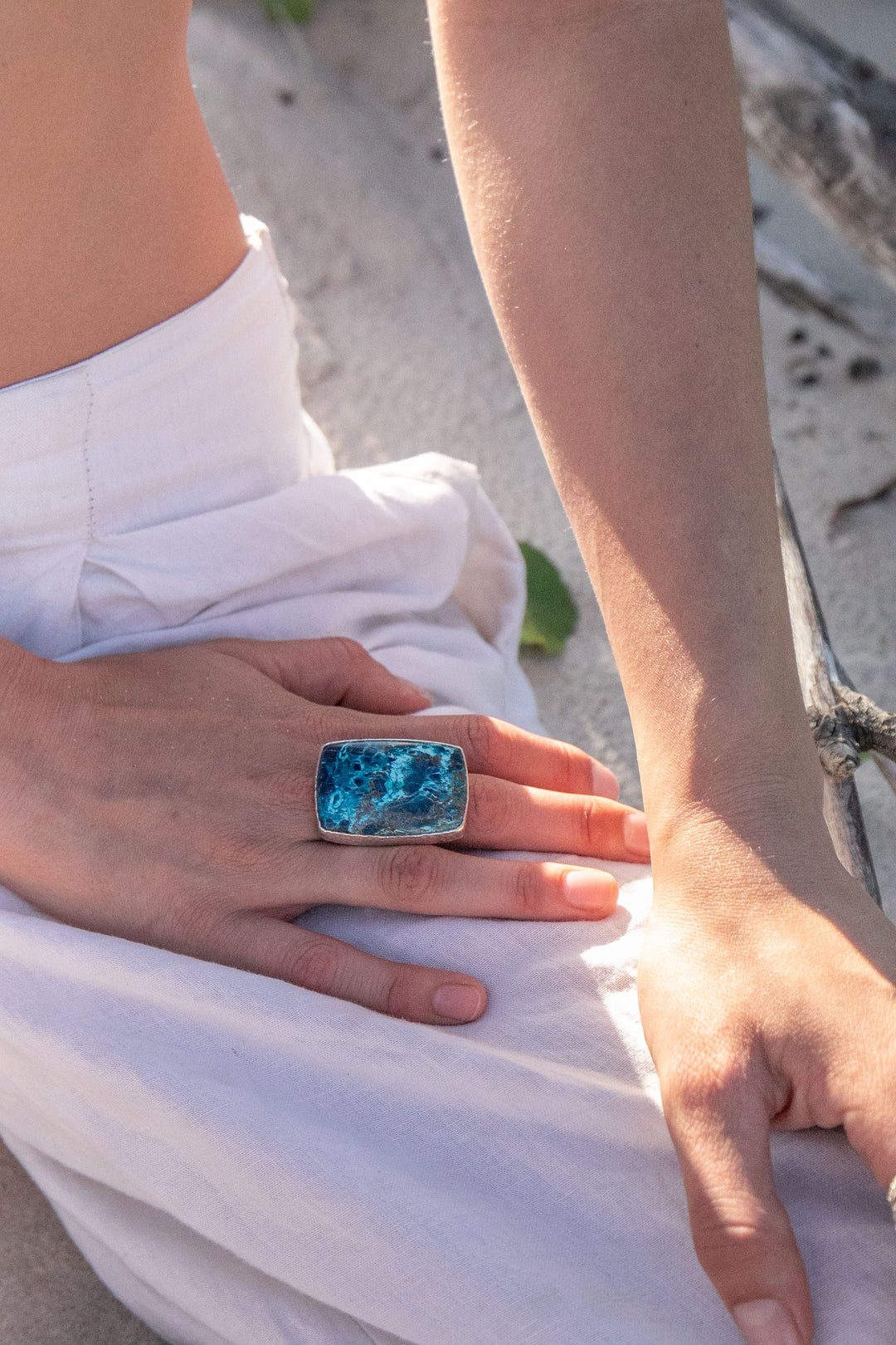 Statement Shattuckite Ring in Beaten Sterling Silver with Adjustable Band
