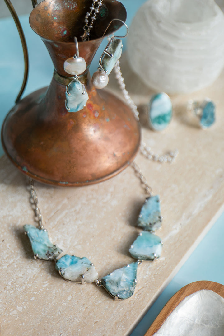 One of a Kind Raw Larimar Pieces Necklace in Sterling Silver Setting