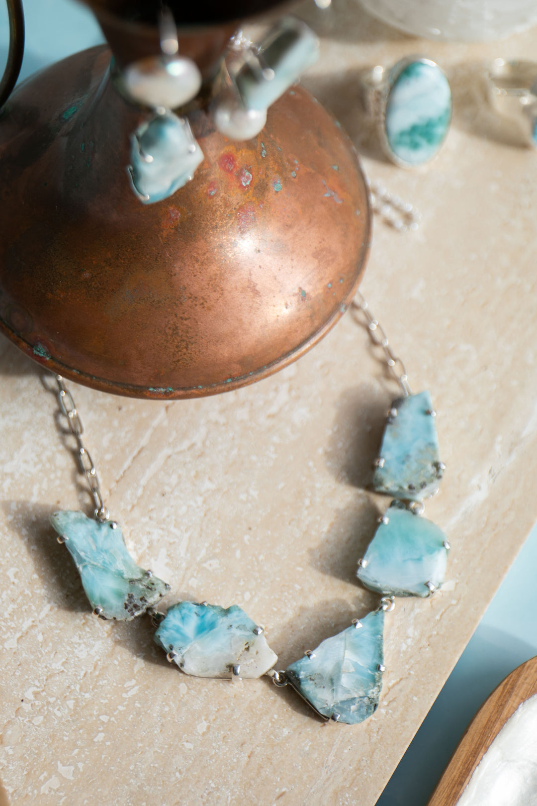 One of a Kind Raw Larimar Pieces Necklace in Sterling Silver Setting