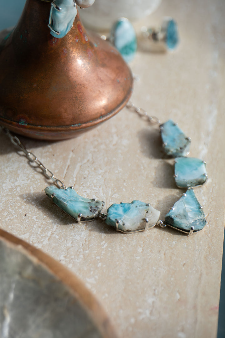One of a Kind Raw Larimar Pieces Necklace in Sterling Silver Setting