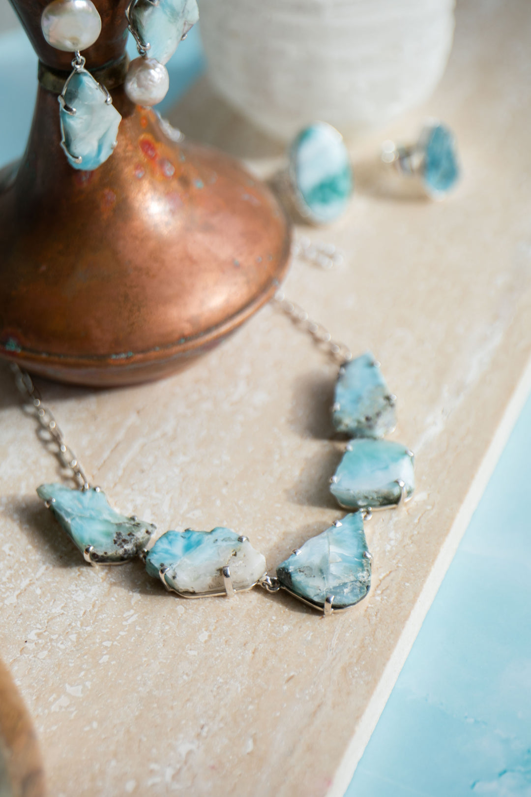 One of a Kind Raw Larimar Pieces Necklace in Sterling Silver Setting