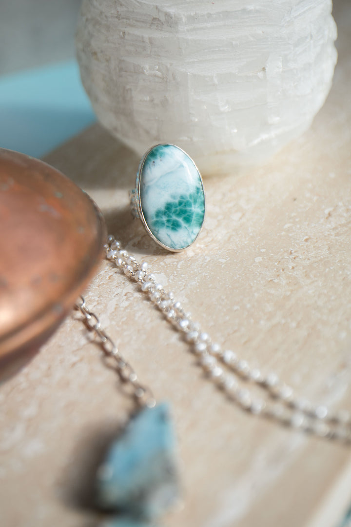 Larimar Ring set in Hammered Sterling Silver with Adjustable Band