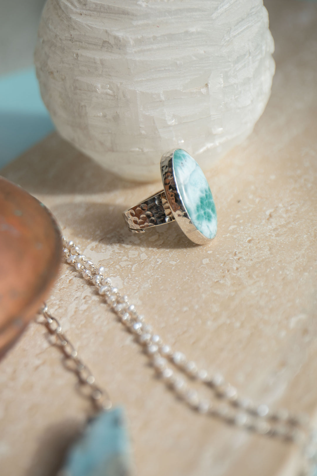Larimar Ring set in Hammered Sterling Silver with Adjustable Band