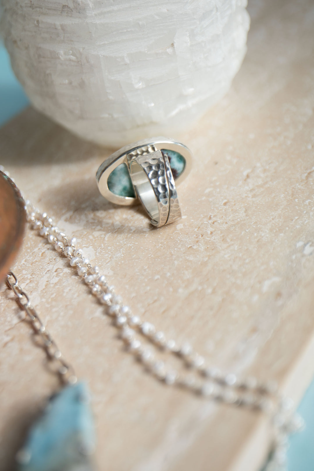 Larimar Ring set in Hammered Sterling Silver with Adjustable Band