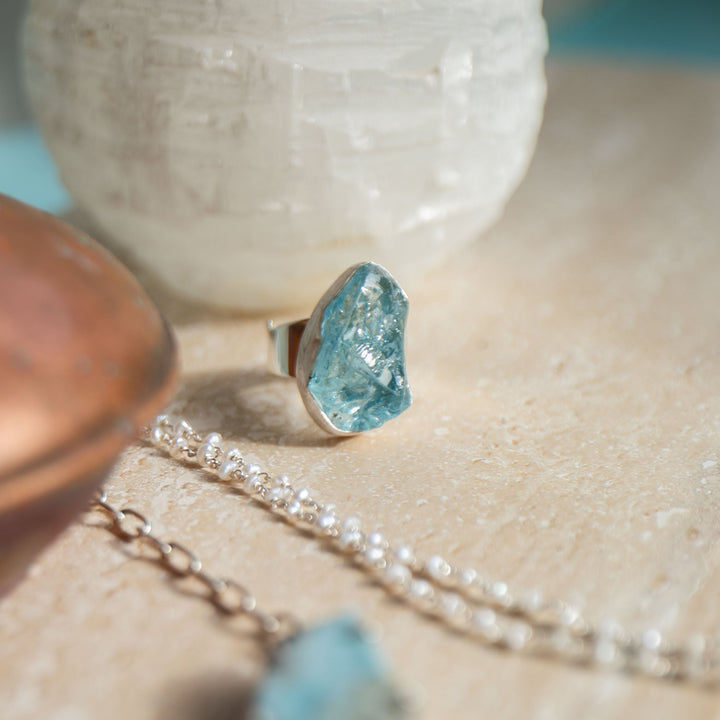 Raw Mozambique Aquamarine Ring with Beaten Adjustable Band