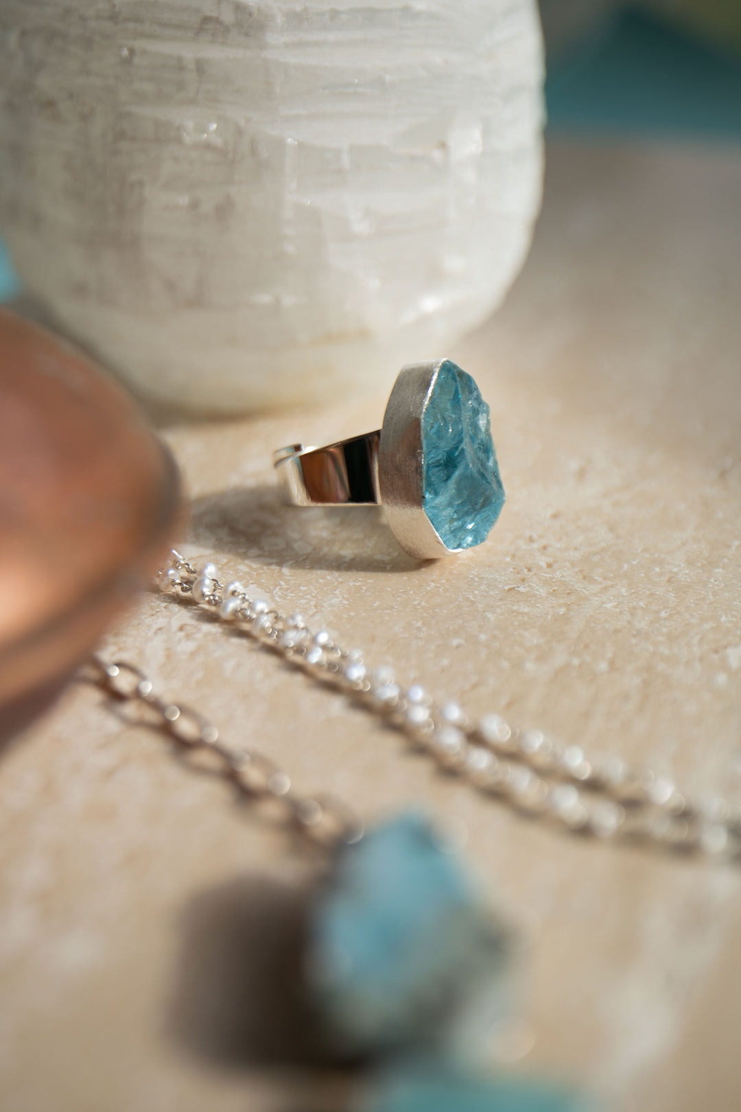 Raw Mozambique Aquamarine Ring with Beaten Adjustable Band