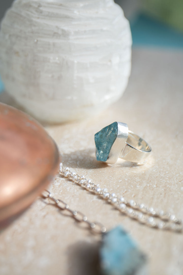 Raw Mozambique Aquamarine Ring with Beaten Adjustable Band