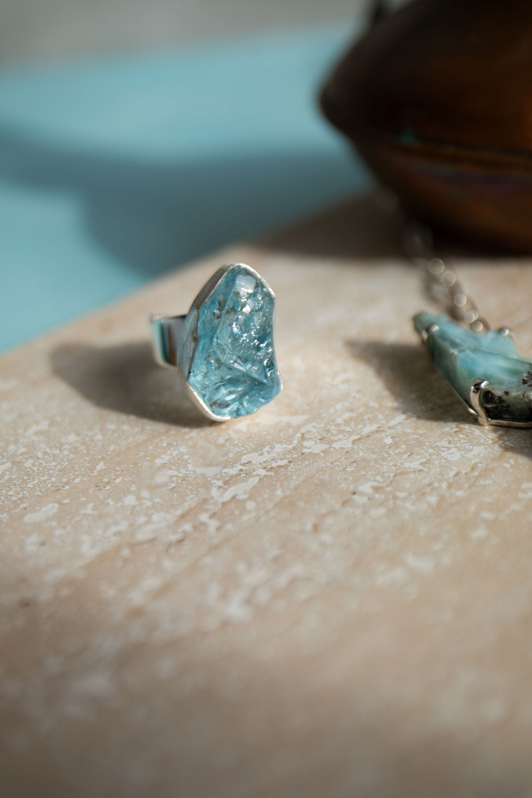 Raw Mozambique Aquamarine Ring with Beaten Adjustable Band