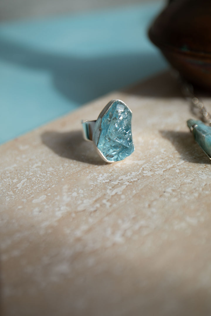 Raw Mozambique Aquamarine Ring with Beaten Adjustable Band