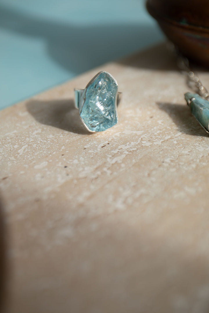 Raw Mozambique Aquamarine Ring with Beaten Adjustable Band