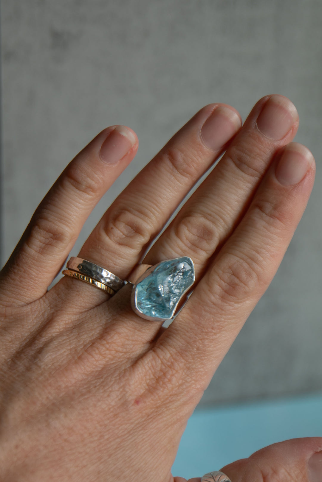 Raw Mozambique Aquamarine Ring with Beaten Adjustable Band
