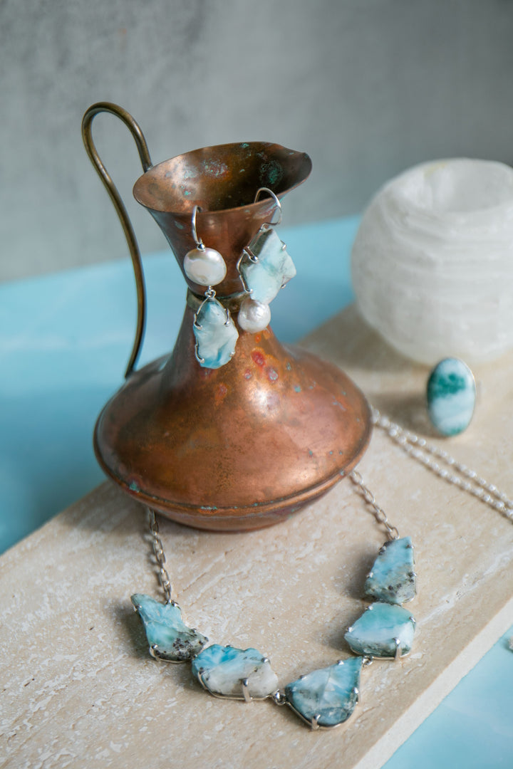 One of a Kind Raw Larimar Pieces Necklace in Sterling Silver Setting