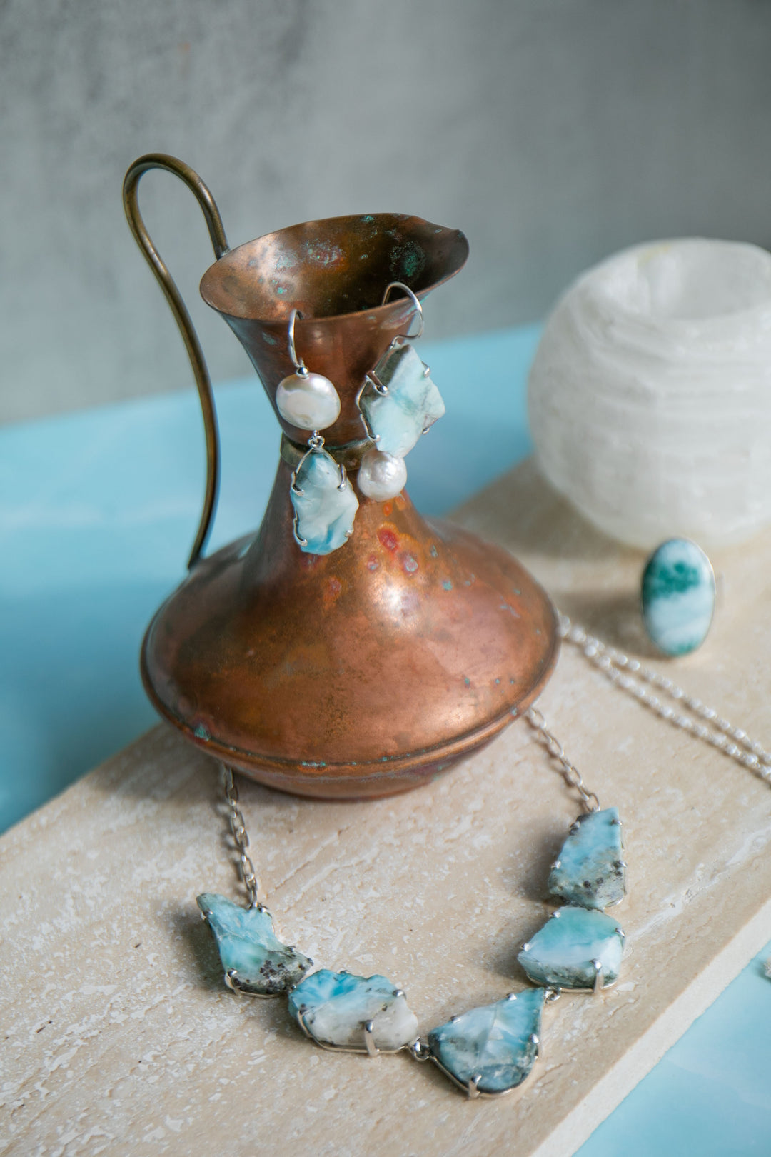 Larimar Ring set in Hammered Sterling Silver with Adjustable Band