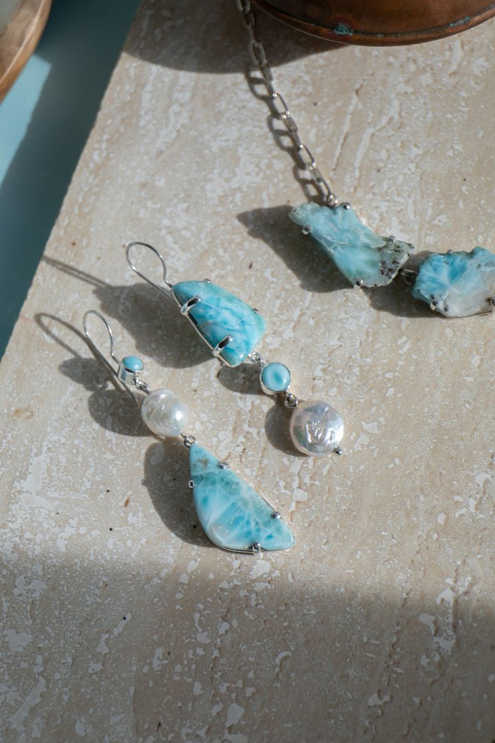 Larimar and Freshwater Pearl Asymmetrical Earrings set in Sterling Silver
