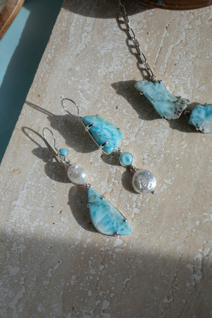 Larimar and Freshwater Pearl Asymmetrical Earrings set in Sterling Silver