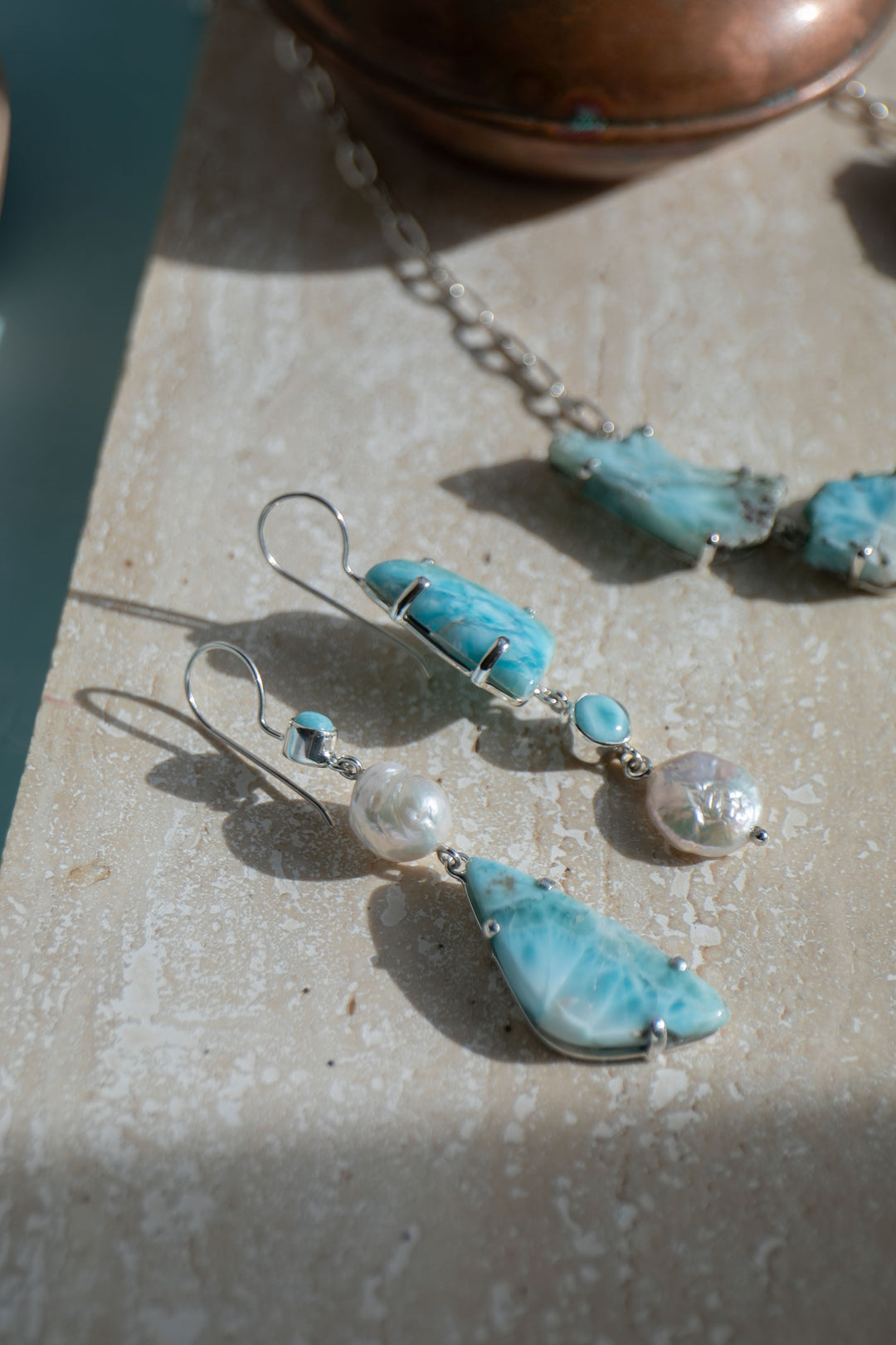 Larimar and Freshwater Pearl Asymmetrical Earrings set in Sterling Silver