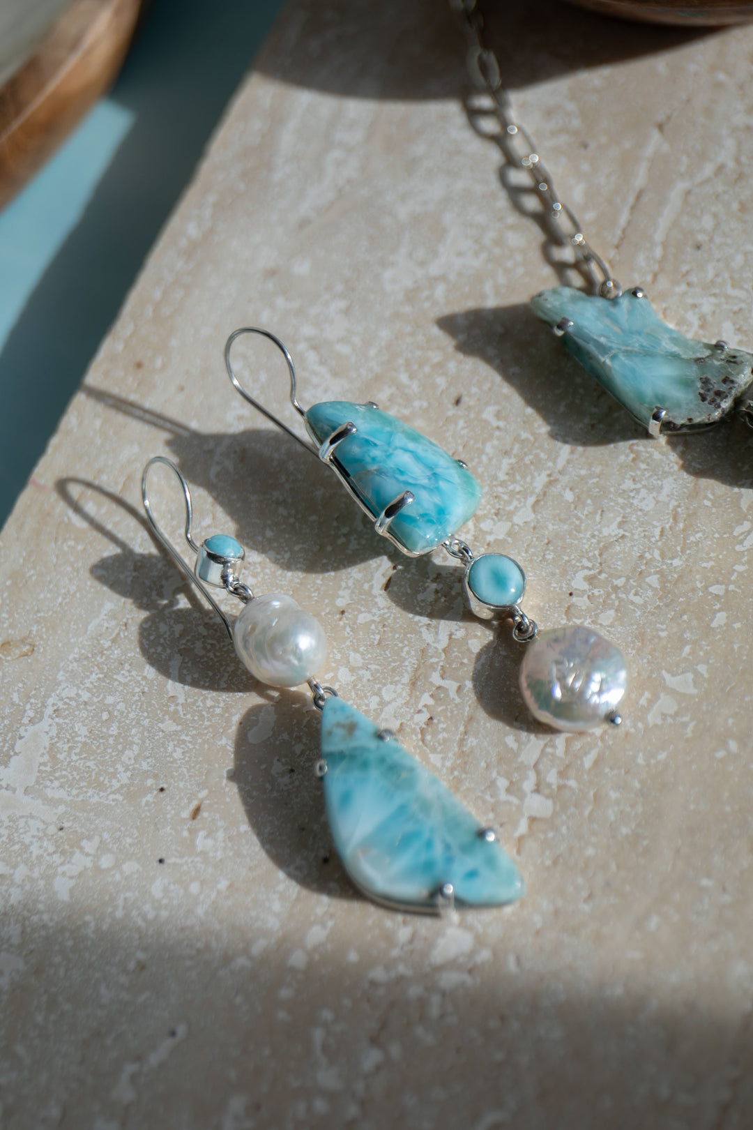 Larimar and Freshwater Pearl Asymmetrical Earrings set in Sterling Silver