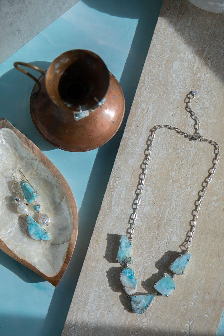 One of a Kind Raw Larimar Pieces Necklace in Sterling Silver Setting