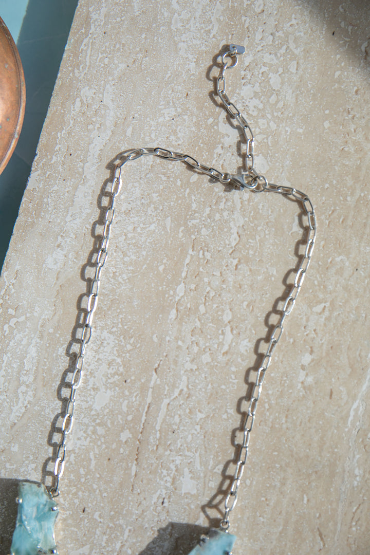 One of a Kind Raw Larimar Pieces Necklace in Sterling Silver Setting
