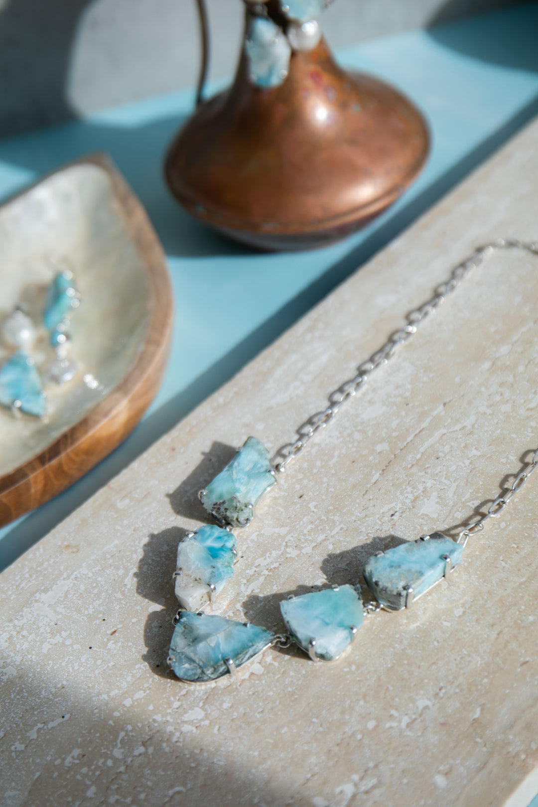 One of a Kind Raw Larimar Pieces Necklace in Sterling Silver Setting