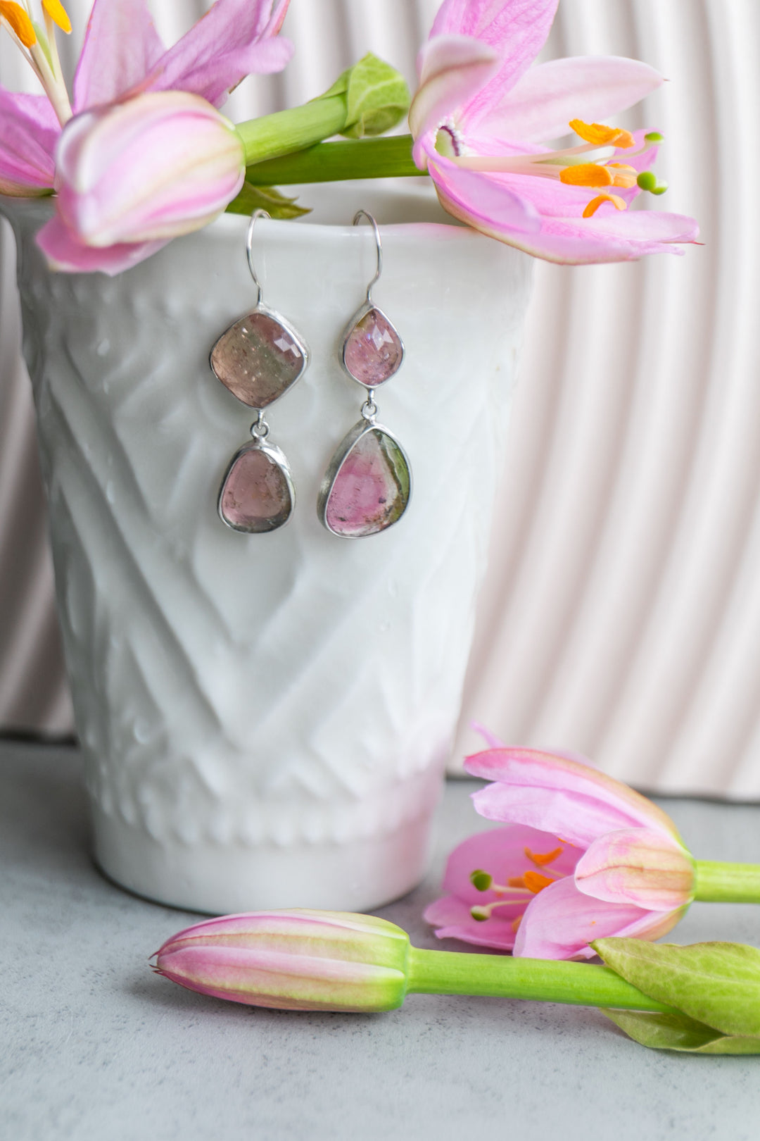 Rose Cut Double Drop Watermelon Tourmaline Earrings in Sterling Silver
