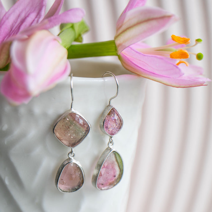 Rose Cut Double Drop Watermelon Tourmaline Earrings in Sterling Silver