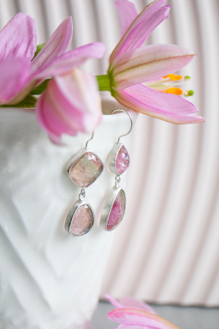 Rose Cut Double Drop Watermelon Tourmaline Earrings in Sterling Silver
