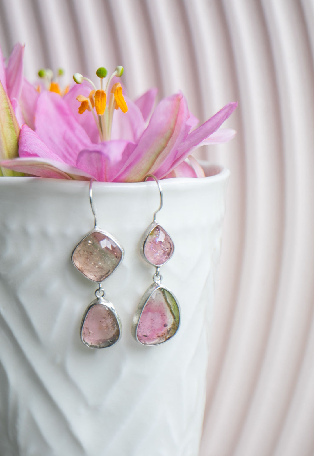 Rose Cut Double Drop Watermelon Tourmaline Earrings in Sterling Silver
