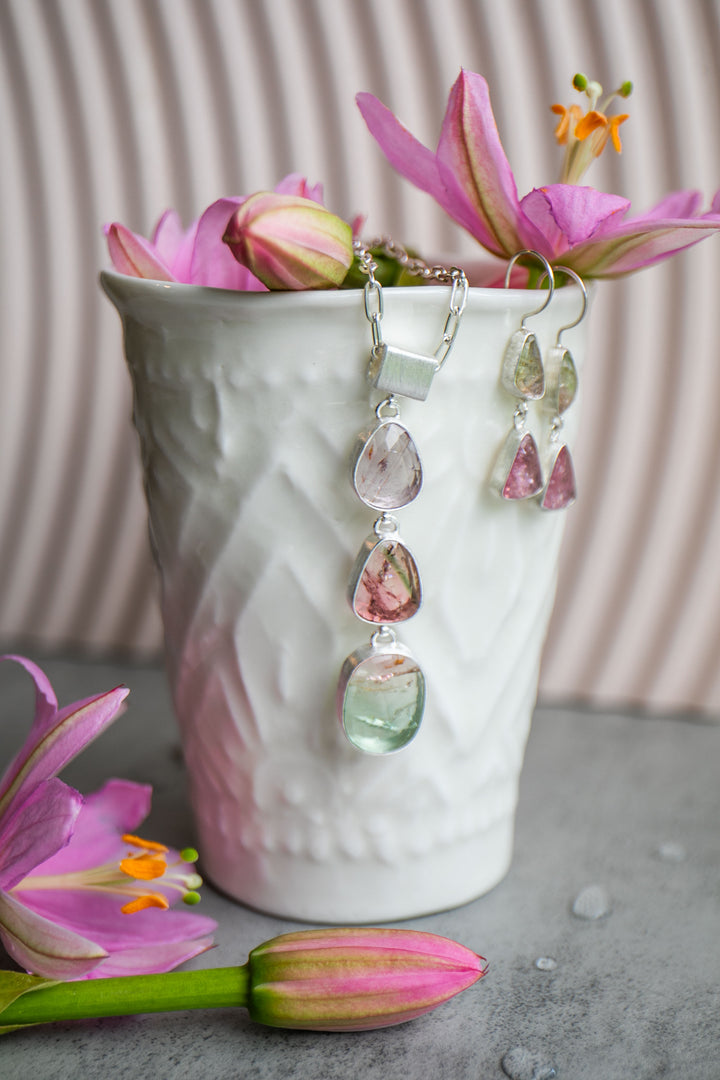 Rose Cut Triple Watermelon Tourmaline Pendant in Brushed 92.5% Sterling Silver