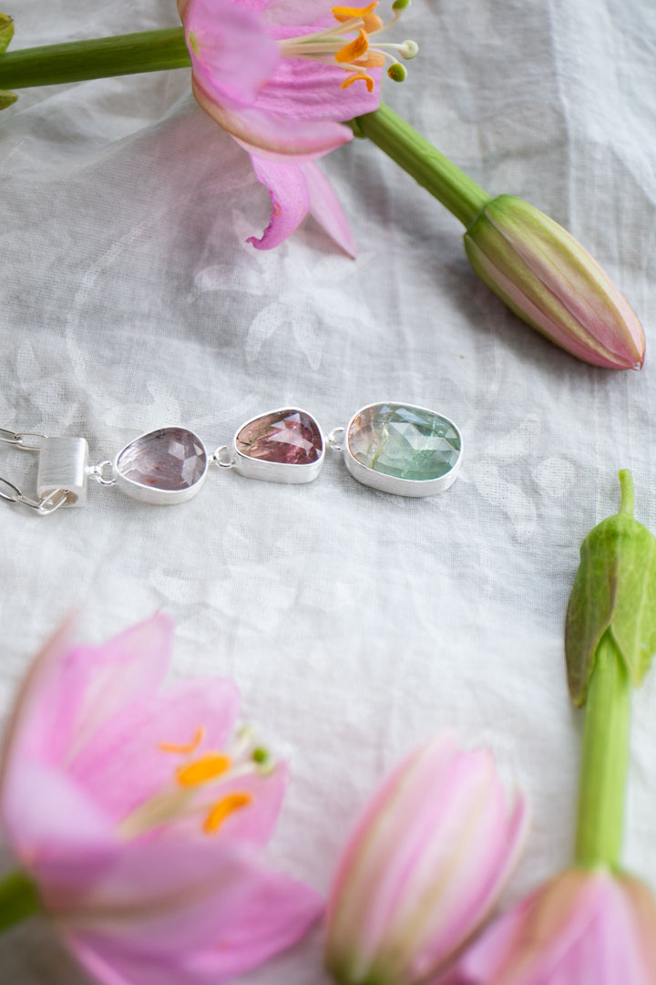 Rose Cut Triple Watermelon Tourmaline Pendant in Brushed 92.5% Sterling Silver
